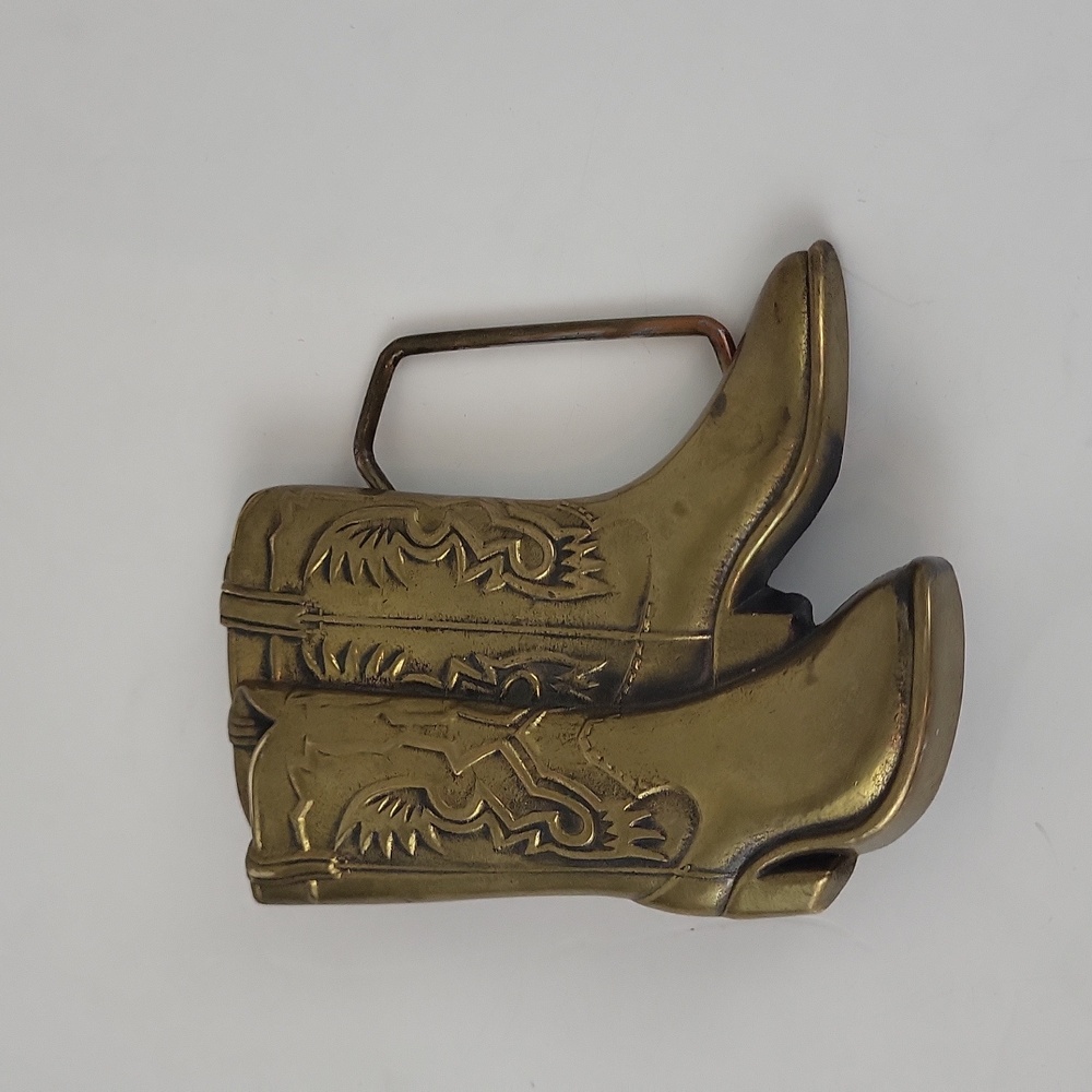 Vtg 70s Cowboy Boots Brass Belt Buckle Cowgirl Western Horse Rodeo Baron Buckle